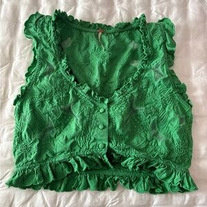 Free People Vibrant Green Embroidered Blouse